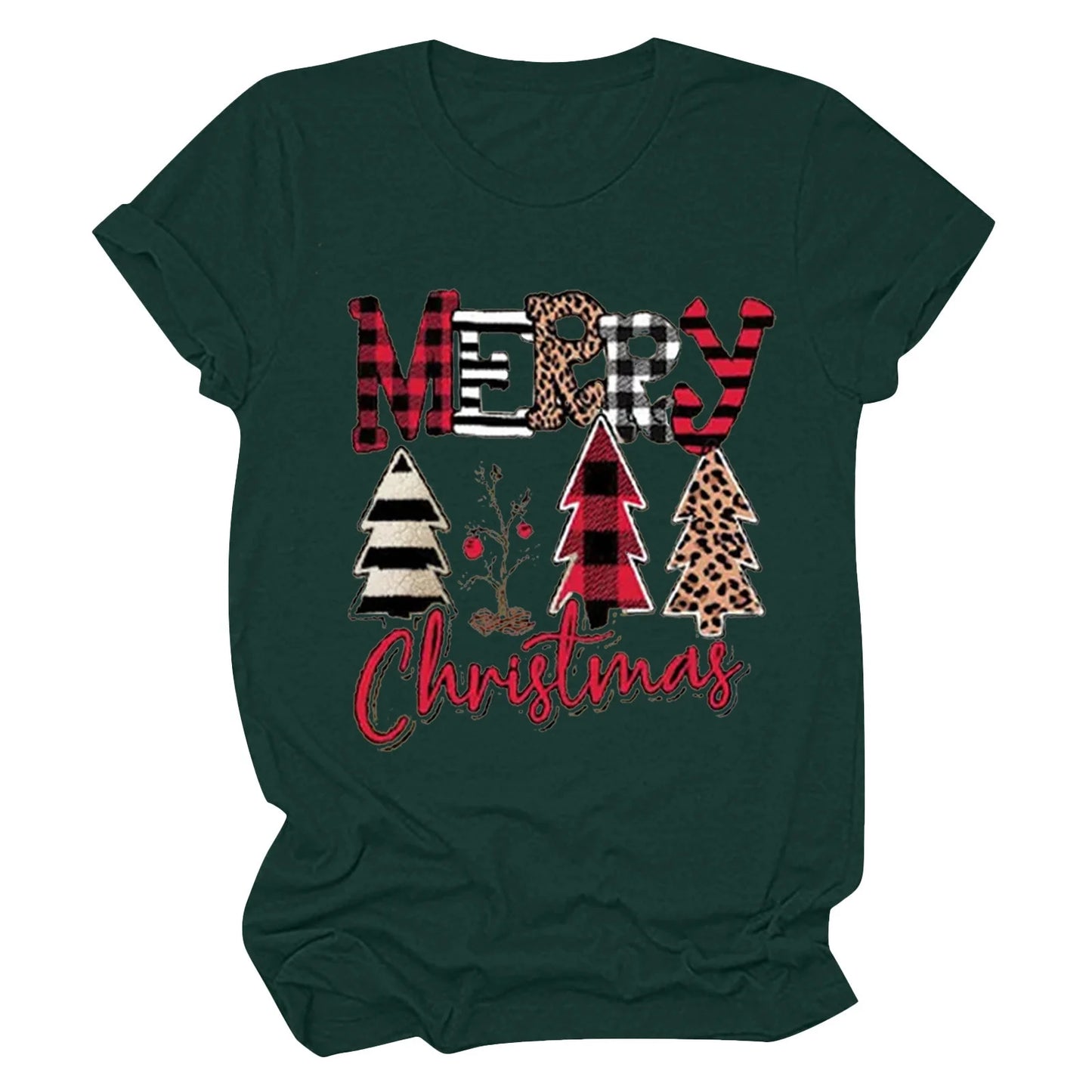 Honeeladyy Discount Merry Christmas Shirt for Women Letter Pattern Cute T-Shirt Leopard Plaid Tree Casual Graphic Print Funny Crewneck Tees Tops Green